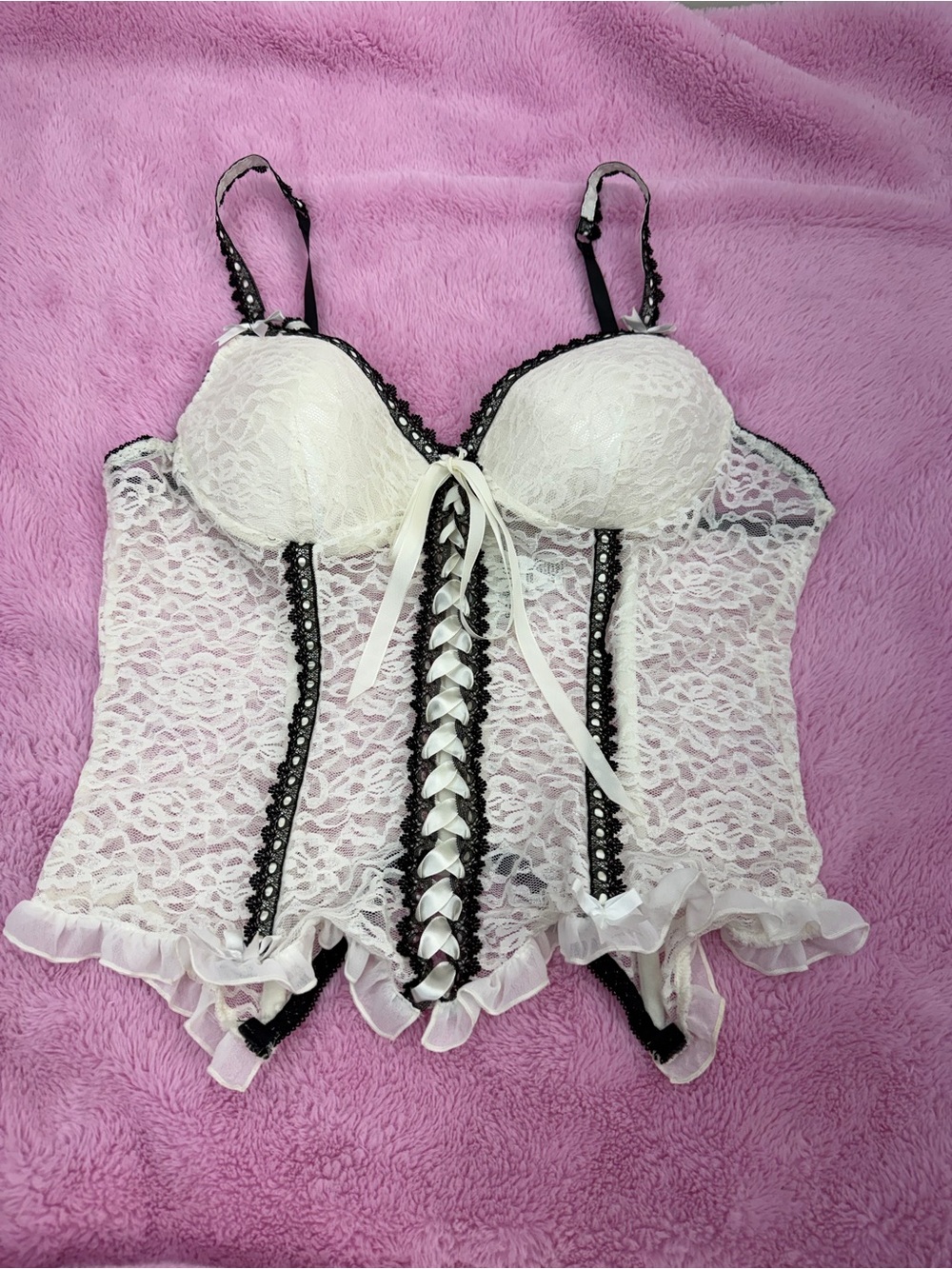Cinema Etoile white stretch lace bustier with black ribbon accents
